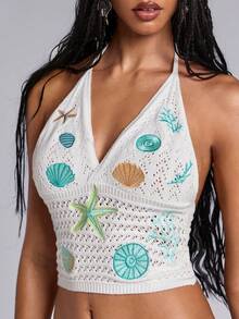 ROMWE Seaside Vacation Starfish & Shell Embroidered Knit Halter Top - Beige - View 12