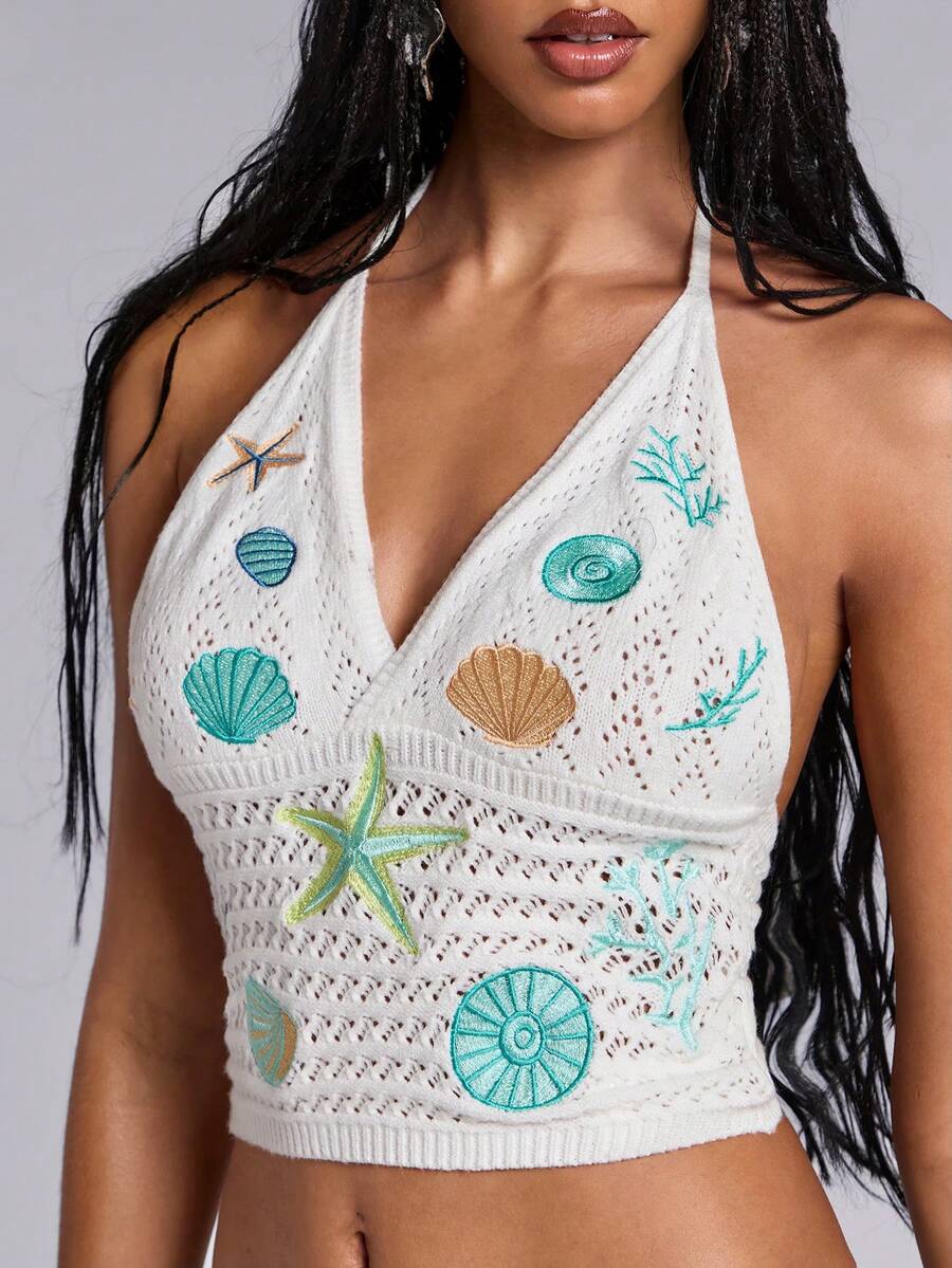 ROMWE Spring/Summer Seaside Vacation Starfish & Shell Embroidered Knit Halter Top - Beige - View 1