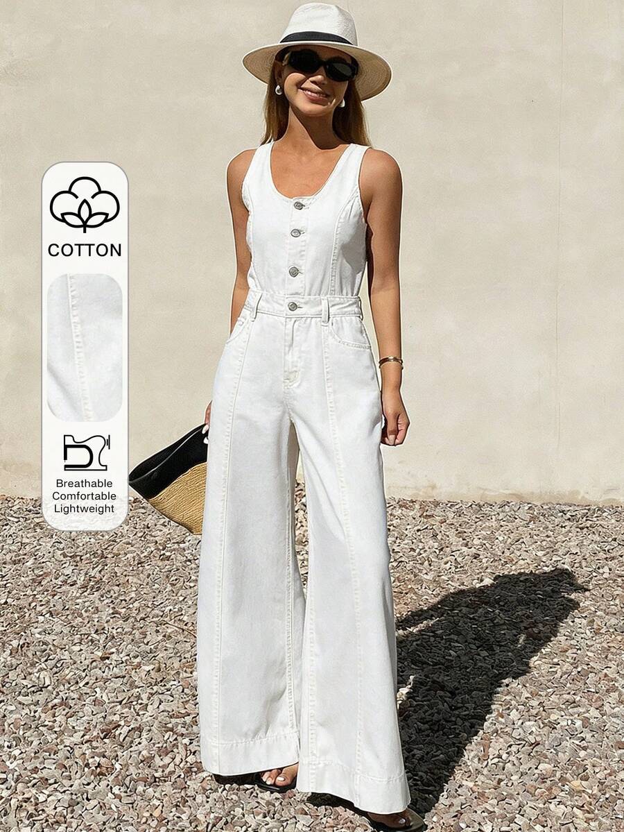 DAZY Bộ áo liền quần denim nữ không tay, dây đeo điều chỉnh được, dáng rộng, ống suông, kiểu dáng thường ngày, thích hợp cho mùa hè. - trắng - Xem 1