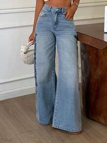 DAZY Quần jeans nữ ống đứng dáng rộng, cạp thường, thêu họa tiết bên hông, kiểu dáng thường ngày. - Rửa nhẹ - Xem 5