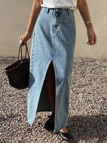 DAZY Women's Regular Waist Slit Skirt, Casual Elegant Denim A-Line Skirt - Medium Wash - View 1