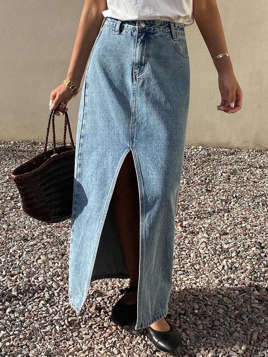 DAZY Women's Regular Waist Slit Skirt, Casual Elegant Denim A-Line Skirt - Medium Wash - View 1