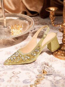 CUCCOO TILAWA Women's Cloth Square And Glass Rhinestone Decorative Pointed Women's High-Heeled Shoes, Suitable For Going Out, Banquets, Parties And Other Activities - Gold - View 8