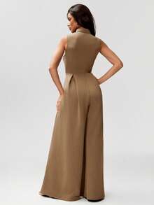 Denimoi Zip Front Wide Leg Fleece Jumpsuit Casual Outfits Cozy Outfits Casual Jumpsuit Airport Outfits - Mocha Brown - View 5