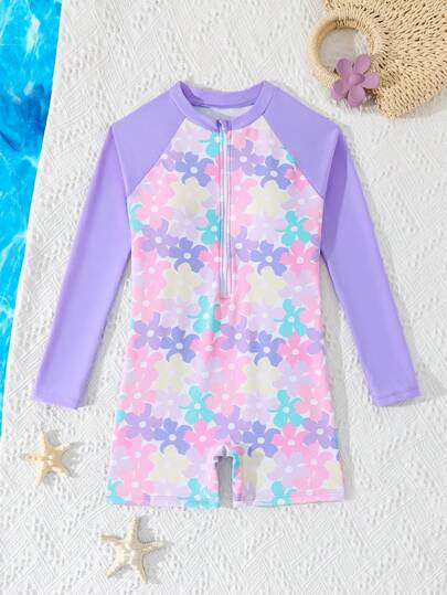 SHEIN New Fashion Tween Girls Pink Floral Print One-Piece Swimsuit, Casual Elegant Luxurious, Knitted Fabric, Zipper Design For Convenience, Suitable For Beach, Vacation, Seaside Swimming, The Perfect Choice For Summer Swimming