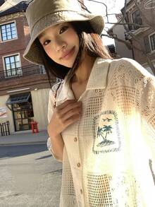 DAZY 女款復古鏤空蕾絲飾邊度假風短袖上衣 夏季校園風 - 白色 - 查看 5