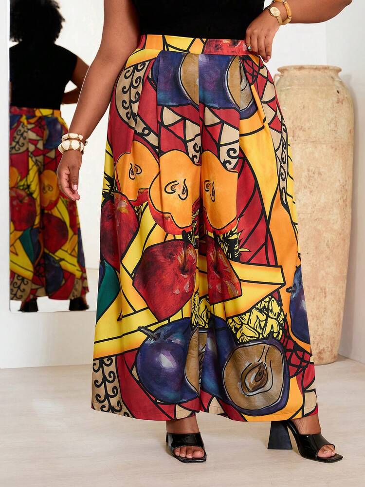 Plus Size Women Apple Print Pleated Wide Leg Loose Pants, Vacation African Clothes For Women Boho Skirts For Women Women's Skirts Summer Outfits For Women Beach Outfit For Women Casual Vacation Outfits Women Country Concert Outfit Peplum
