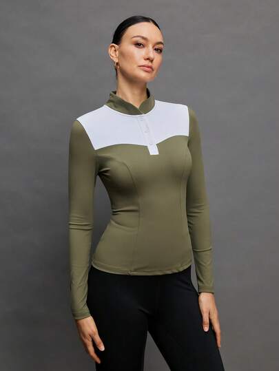 Activina Women's Long Sleeve Stand Collar Color Block Equestrian Top