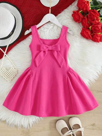 SHEIN Young Girl Summer Ladylike Birthday Party Minimalist Solid Color Bow Decor Sleeveless Waist Cinched Dress
