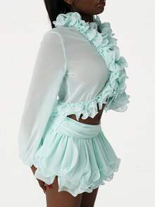 Amplova Conjunto de 2 piezas con cuello y dobladillo floral verde para fiesta de cumpleaños, reunión de jardín romántico de primavera o vacaciones en la playa - Verde - Ver 8