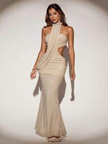 SHEIN ICON 女士外出性感度假假日派对音乐会科切拉海滩装辣妹系带露背褶皱性感派对长裙 - 杏色 - 查看 4