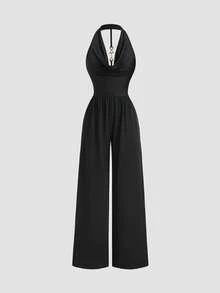 Sweetra Elegant Black Backless Metal Buckle Halter Waist Wide Leg Jumpsuit, Suitable For Party And Gathering, Spring/Summer - Black - View 1