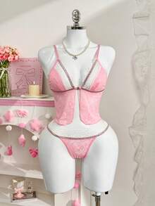 PetitDoll 2pcs Valentine's Day Floral Lace Patchwork Comfortable Lingerie Set - Pink - View 6