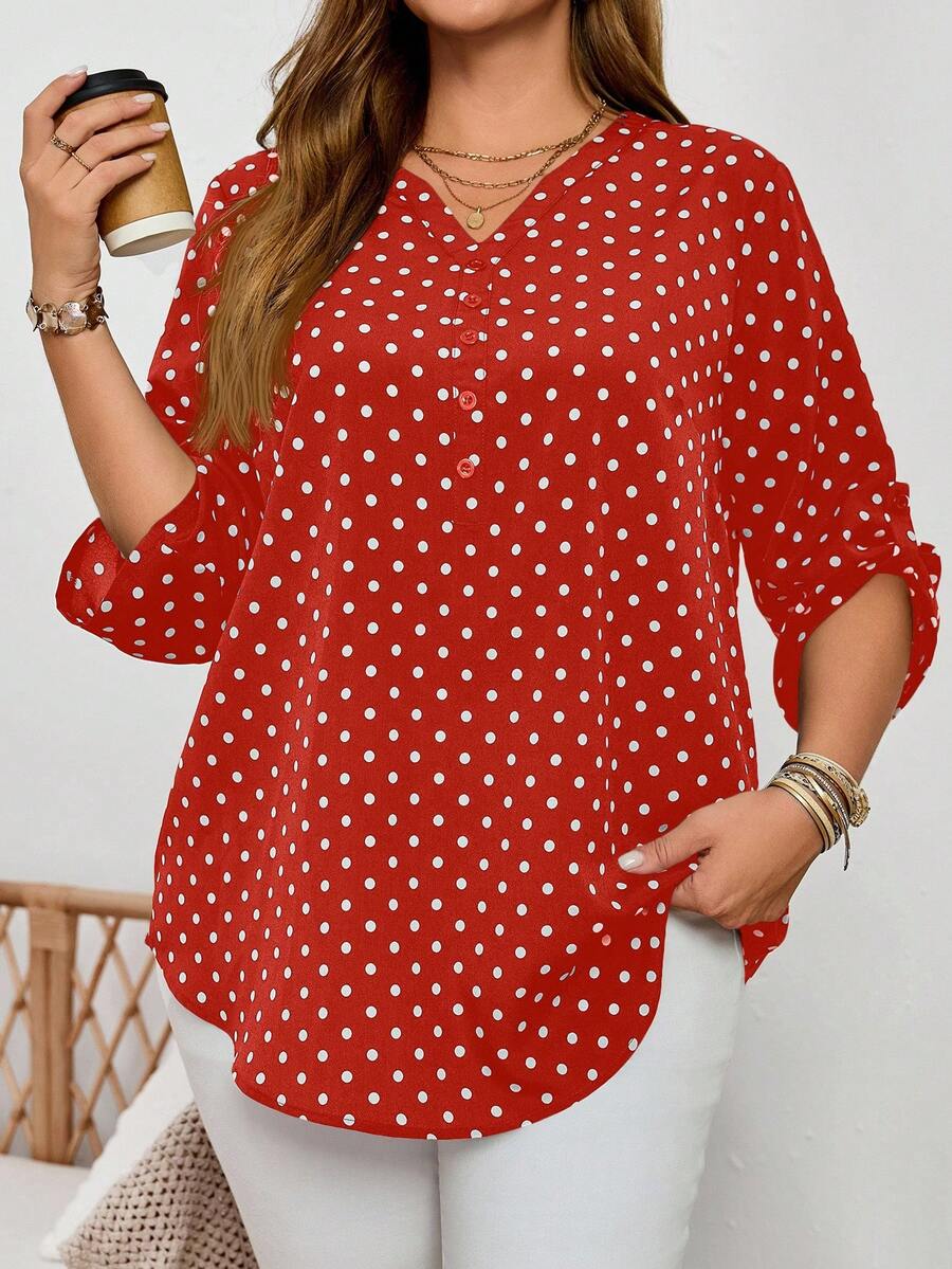 EMERY ROSE 大码女式休闲波点印花翻领卷袖秋季衬衫 - 酒紅色 - 查看 1