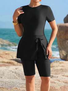 Swim Mulvari 2026 Summer Plus Size Women's Casual Slimming Black Solid Color Romper Swimwear Beach Outfit - Black - View 3