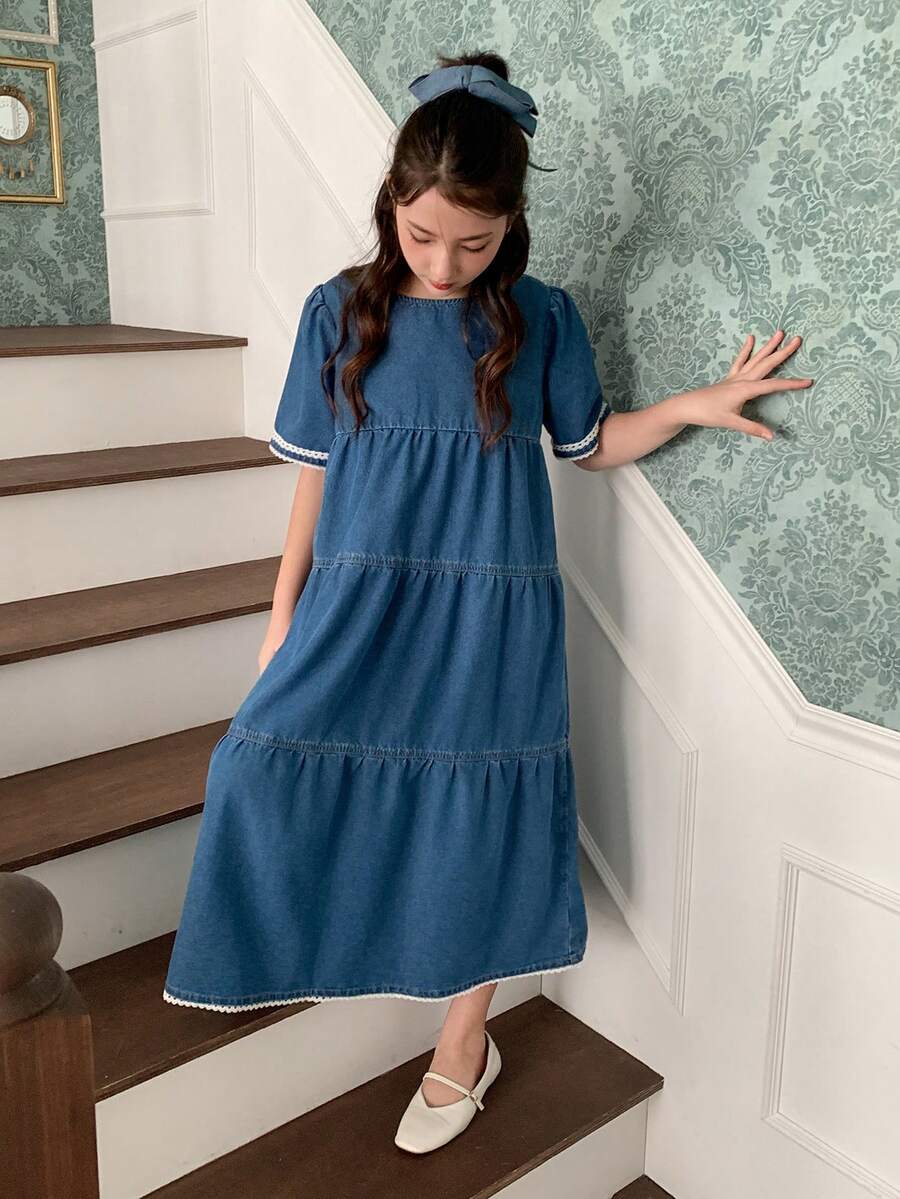 DAZY Vestido vaquero con cuello redondo y mangas abullonadas para niñas preadolescentes - Azul - Ver 1