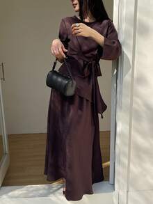 DAZY 女士春秋季休闲度假长袖系带上衣和半裙两件套 - 棕色 - 查看 4