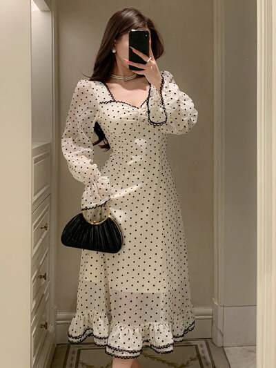 Women's Contrast Color Trim Polka Dot Print Ruffle Long Sleeve Dress Sun Dresses For Women