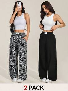 SHEIN PETITE 2 chiếc quần dài ống rộng màu đen và họa tiết da báo mới dành cho nữ. Quần ống rộng nữ. - Nhiều màu - Xem 4