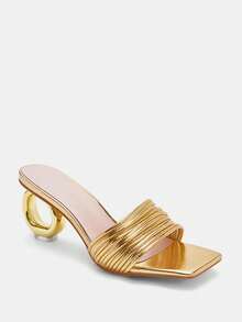 Glitzique 女士方头露趾不对称高跟凉鞋，时尚优雅的金属带凉鞋，适合任何场合 - 金色 - 查看 7