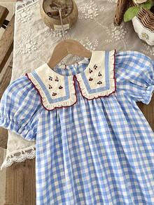 Young Girl' Summer Blue & White Plaid Dress, With Cherry Embroidered Lapel, Puff Sleeves + Loose Skirt, Fresh And Cute, Suitable For Summer Outfit, Plaid Element Brings Retro Vibe, Sweet Elements Fully Loaded. - Blue - View 7