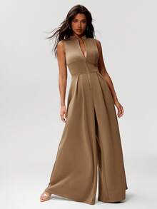 Denimoi Zip Front Wide Leg Fleece Jumpsuit Casual Outfits Cozy Outfits Casual Jumpsuit Airport Outfits - Mocha Brown - View 4