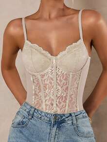 Glamine 优雅性感蕾丝拼接连体衣 - 杏色 - 查看 3