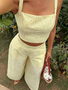 Livesso Spring & Summer Fashion Yellow Hollow-Out Jacquard Camisole And Wide Leg Pants Set, Casual Loose Vacation Beach Elegant Office Wear 2-Piece Outfit For Women,Wedding Guest Dress Women - Yellow - View 9