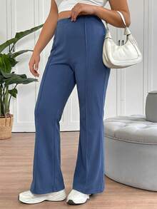 SHEIN Tall CURVE 大码女士简约日常喇叭裤套装 - 霧霾藍 - 查看 4