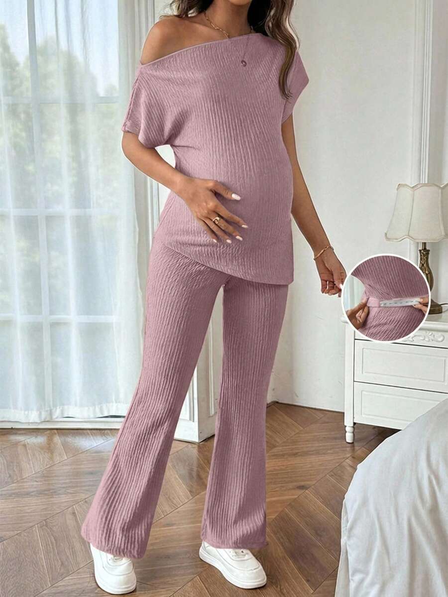 SHEIN 2 piezas Conjunto de camiseta y pantalones asimétricos de maternidad - Rosa coral - Ver 1