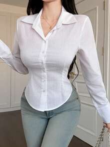 DAZY Camisa casual de oficina de manga larga y ajustada de un solo pecho para mujer - Blanco - Ver 4