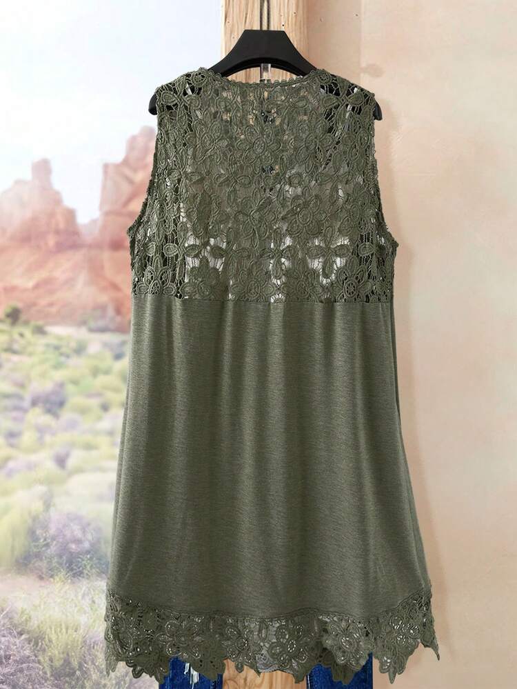Plus Size Casual Solid Color Lace Patchwork Sleeveless Jacket Summer Outfits Summer Clothes  Spring  Spring Outfit Women Spring Clothes Country Style For Women Vacation Outfits Women Fringe Blouse For Women  Summer Holiday Outfits