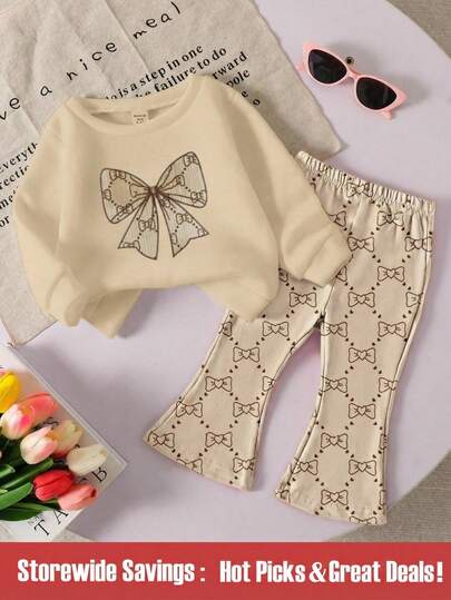 2 件套女婴休闲花卉蝴蝶结装饰可爱甜美圆领长袖运动衫和喇叭裤套装，适合万圣节、感恩节、秋冬季