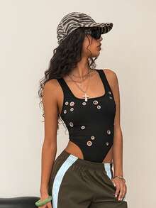 Muchica 女士夏季新款黑色钥匙孔设计方领连体衣 - 黑色 - 查看 5