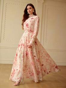 ZEYLAH Ladies' Elegant Floral Print Dress With A Tie-Neck For Dates And Parties - Pink - View 7