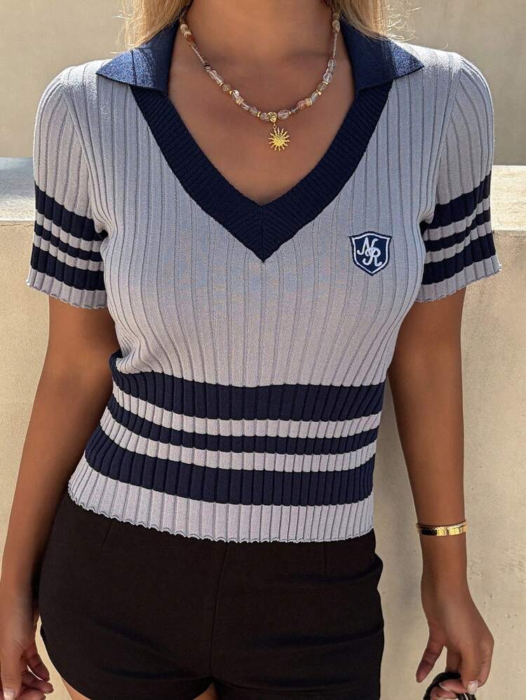 Women's Casual Contrast Color Collar Knit Top, Summer