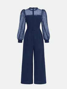 Pitira Kids Teen Girl Knit Contrast Mesh Beaded Round Neck Long Sleeve Jumpsuit Royal Blue Formal Jumpsuit Jumpsuits For Women Runway Jumpsuit Formal Jumpsuit Formal Jumpsuit For Girls Teen Royal Blue Dress Jumpsuit Jump Suit Runway Jump Suits For Teenage Girls Jumpsuits For Woman - Navy Blue - View 4