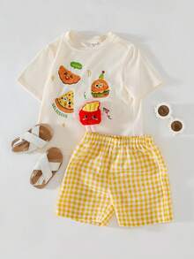 THE HAPPY LOOK 2pcs/Set Young Boy Cartoon Animal Print Soft Knit Crew Neck Short Sleeve Top And Elastic Waist Shorts,Kids - Yellow - View 6
