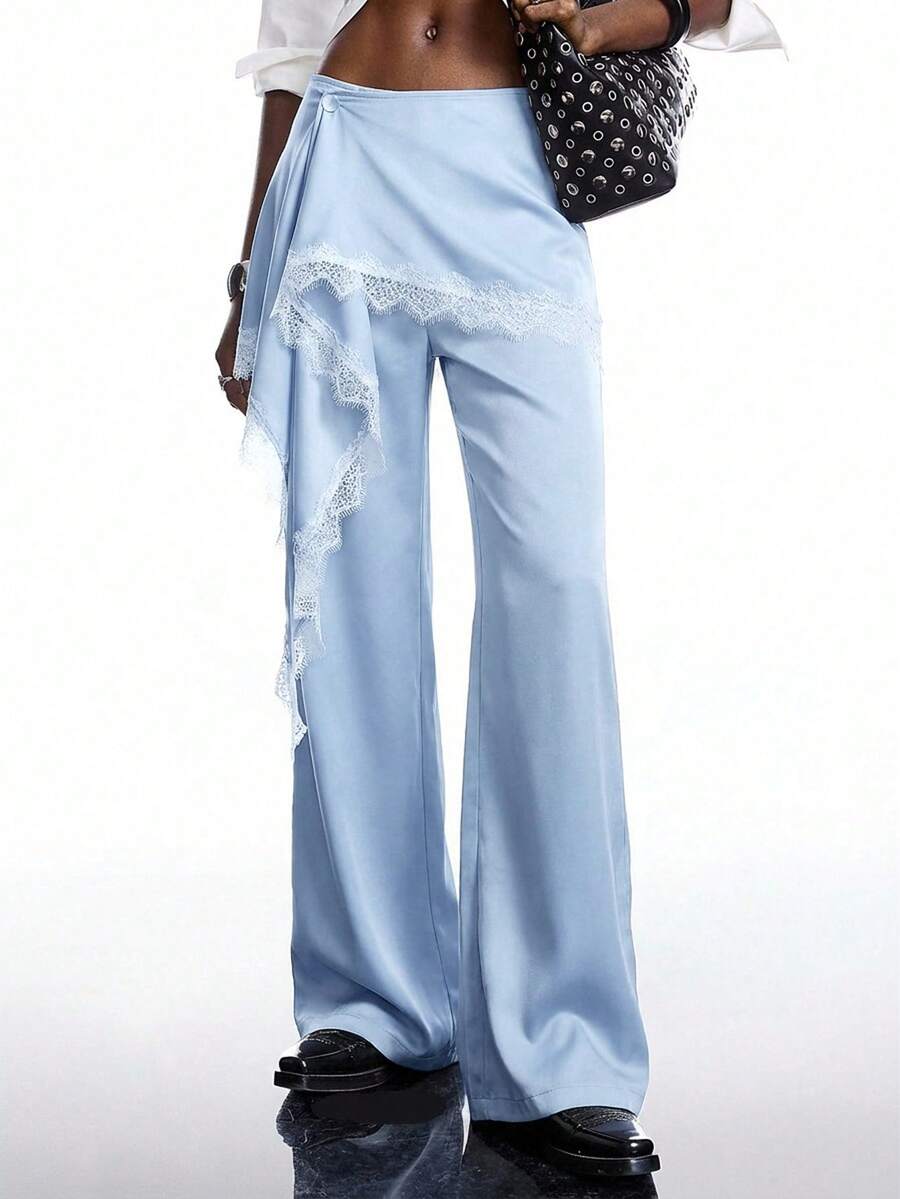 LYSMO 2026 New Minimalist Spring/Summer Women's Blue Lace Patchwork Ruffle Hem Casual Versatile Commuting Wide Leg Pants With Lace Trim - Blue - View 1