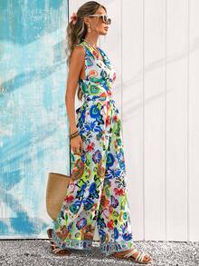 Vivid Eden 女士V领交叉露背系带宽松阔腿连体裤，艺术印花图案，适合夏季休闲/度假穿着 - 彩色 - 查看 6