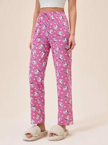 Loomlin 100%纯棉可爱休闲女式粉色兔子图案假抽绳弹力高腰长款舒适睡裤 - 粉色 - 查看 4