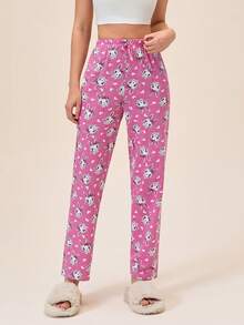 Loomlin 100%纯棉可爱休闲女式粉色兔子图案假抽绳弹力高腰长款舒适睡裤 - 粉色 - 查看 6