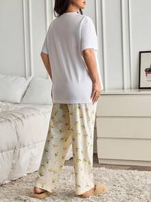 EURMUSE 加大码纯棉两件套女式柠檬印花短裤和柠檬酒印花上衣家居服可爱睡衣套装 - 黃色 - 查看 2