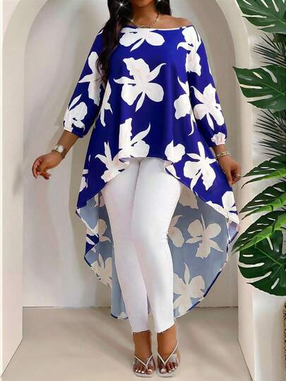 SHEIN Lady Plus Size Women Floral Print Asymmetric Hem Casual Versatile Daily Wear Blouse  Summer Spring Summer Outfits For Women  Spring Outfit  High Low Blouse Asymmetrical Blouse Long Blouses High Low Top Hawaiian Tops For Women Festival Outfits For Women    Beach  Beach Outfit For Women Vacation Outfits Women  Vacation   Holiday
