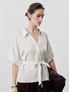 Aalyst Women's White Summer Elegant Office Striped Linen-Like Shirt Collar Button Waist Drawstring Tie Short Sleeve Side Slit Blouse,French Retro Commute - Apricot - View 4