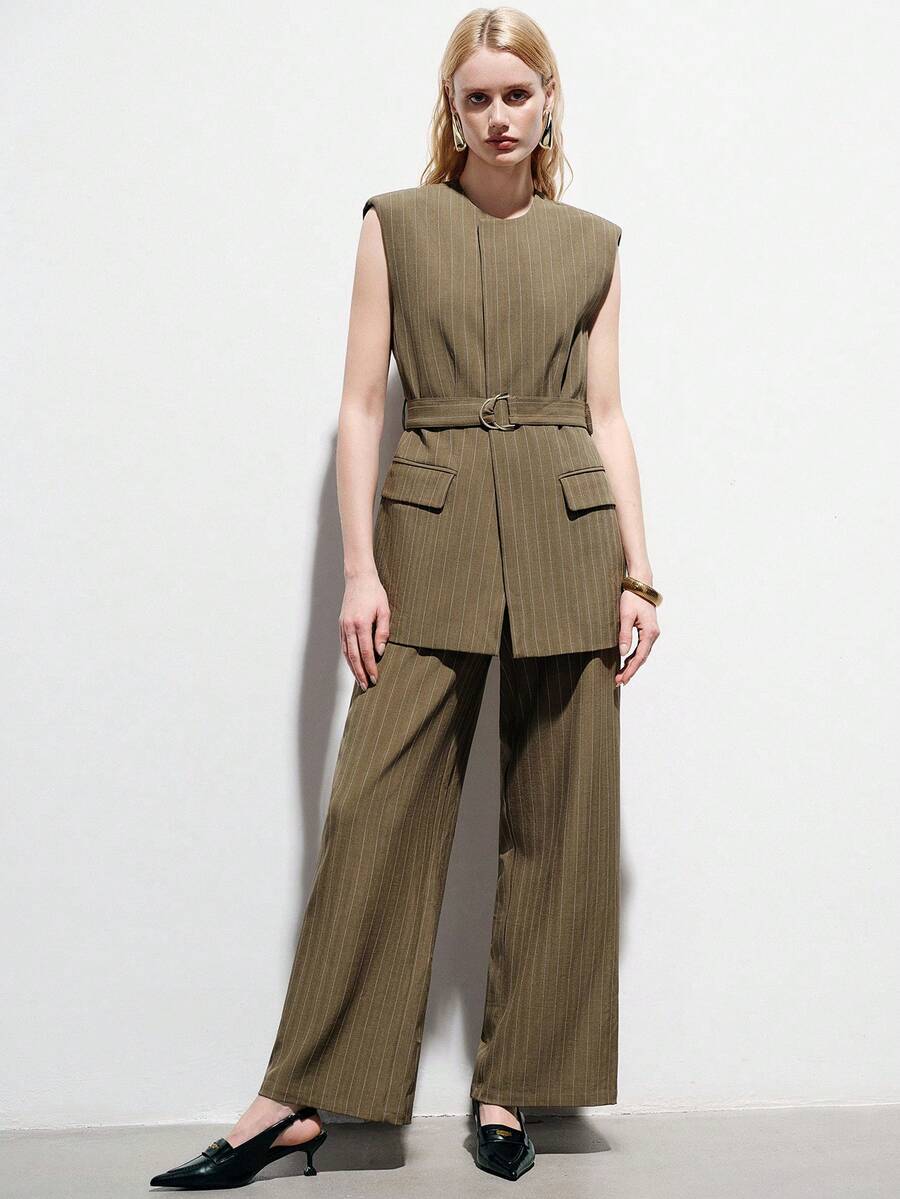 Aveloria Modichic Minimalist Commuter Versatile Elegant Women's Striped Crew Neck Sleeveless Vest With Belt Matching Wide Leg Suit Pants, Women's Suit Set - Coffee Brown - View 1