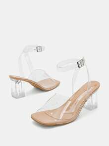 Glitzique Summer New Transparent Women's Sandals Influencer Strap Chic Chunky Heel Crystal Slippers Sexy Outdoor Fashion High Heel Peep Toe Slides - Apricot - View 12