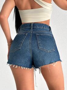 EURMUSE High Rise Washed Blue Denim Mini Women Short - Medium Wash - View 2