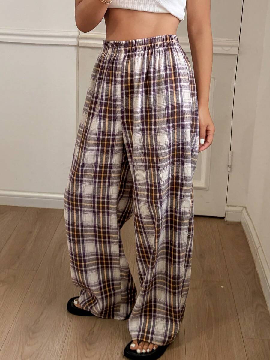Livesso 宽松直筒长款格子睡裤，适合春夏居家穿着 - 紫色 - 查看 1