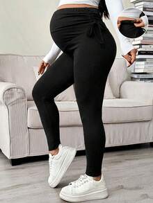 SHEIN Leggings casuales de maternidad de unicolor con cordón ajustable en la cintura - Negro - Ver 8